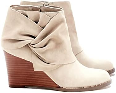Fashare Womens Wedge Booties Ankle Heels Boots Bow Knot Stacked Heeled Winter Dress Shoes Beige