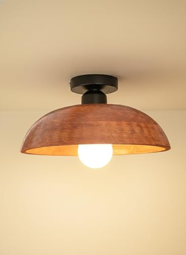 Image of Wooden Walnut Dome Ceiling Light '10 -Inch' - Semi Flush Mount Wooden Ceiling Lamp | Handcrafted Solid Wood Ceiling Light for Hall, Bedroom, Living Room, Kitchen & Dining