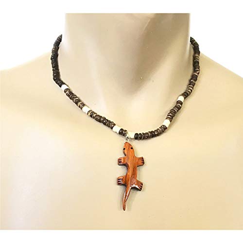 Hawaiian Koa Wood Gecko Pendant Coconut Bead Necklace2
