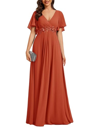 Image of Ever-Pretty Womens V Neck Applique Mother of the Bride Dresses Formal Dress | Chiffon, Short Sleeves, Ruched, A-Line, Bridesmaid Dresses, Formal Gown, Black Tie Dress
