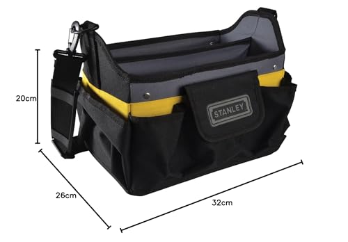 Stanley offene Werkzeugtasche (31 x 20 x 26 cm, acht äußere, zehn innere Taschen, Innenorganizer, 20 kg Ladekapazität, gummierter Handgriff, wasserabweisender Polypropylenboden) STST1-70718, Schwarz/Gelb