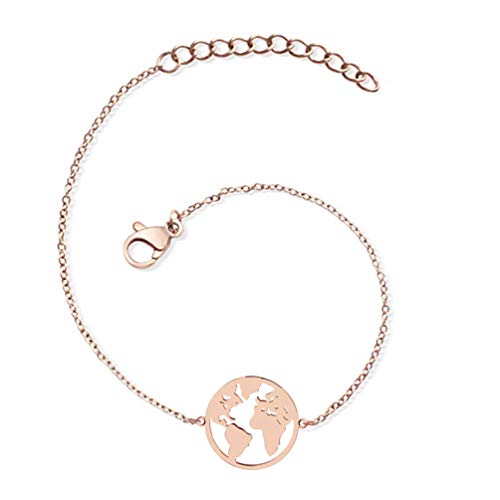 Preisvergleich Produktbild Lachesis Damen Armband Frauen Weltkugel Armkette Armschmuck mit Hochwertige Schmuckschachtel,Verstellbar Edelstahl Armkettchen,Rosegold, Silber