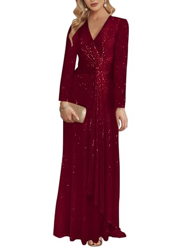 Image of Long Sleeve Sequin Dress For Women Formal Gowns Sparkly V Neck Maxi Dress
