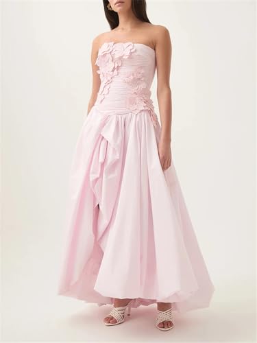 Women Solid Sweet Slimming Long Strapless Sleeveless Backless Spliced Appliques Irregular Dress4