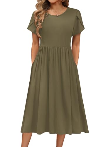 HOTOUCH Summer Dresses for Women 2026 Casual Solid Short Sleeve T-Shirt Dress Flowy Beach Sundress with Pockets.Army Green,XXL
