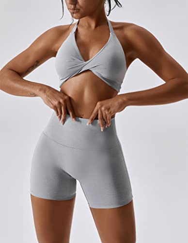 Abociw Workout Sets For Women 2 Piece Twist Front Cross Back Sports Bras Halter Yoga Bra Tummy Control High Waist Booty Biker Shorts Exercise Gym Sets For Women Gray Small #TOP3