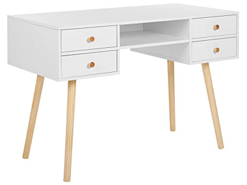 Beliani Escritorio de Oficina en casa Blanco 4 cajones de Almacenamiento 110 x 55 cm Patas de Madera Maciza Clara Estilo escandinavo Levin