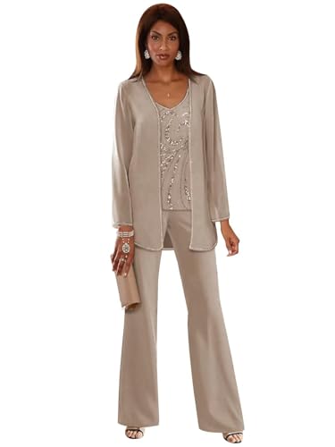 Taupe Mother of The Groom Pantsuits for Women Evening Party 3 Pieces Chiffon Mother of The Bride Pant Suits for Wedding Outfits Size 4