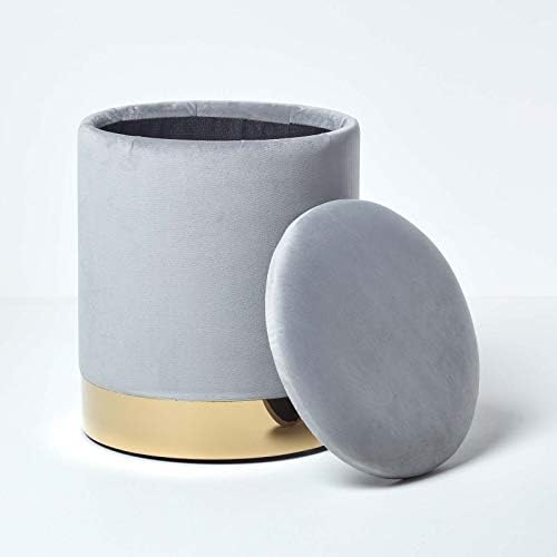 HOMESCAPES Silver Grey Velvet Pouffe Modern 38 cm Tall On-Trend Storage Footstool with Lid and Gold Metal Trim Brass Base Multifunctional Upholstered Clarence Footrest Ottoman Stool Seat