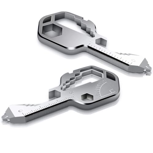 Ruiyuan 24-in-1 Multitool Key Tool Portable Multi Key Shaped Tool Stainless Steel Key Chain Tool Pocket Keychain Hand Tool Outdoor Camping Key Ring with Bottle Opener Box Cutter Mini Wrench (Silver)