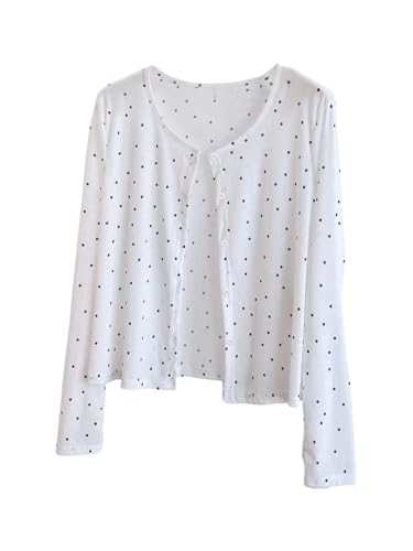 WDIRARA Women's Polka Dots Button Down Cardigan Sweater Long Sleeve Lightweight Knitwear