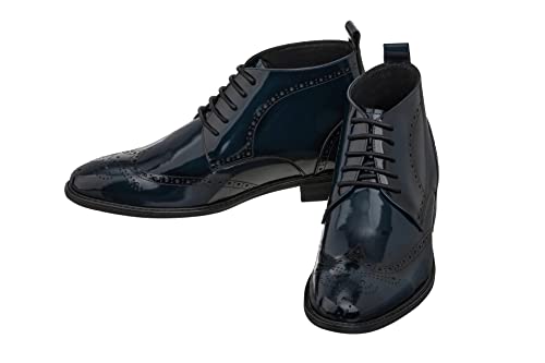 TOTO Men's Invisible Height Increasing Elevator Shoes - Dark Blue Premium Leather Lace-up Wing-Tip Dress Boots - 2.8 Inches Taller - K99603- Size 7 D(M) US4