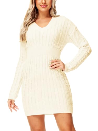 Image of Deerose Women V Neck Sweater Dress Cable Knit Long Sleeve Pullover Sweaters
