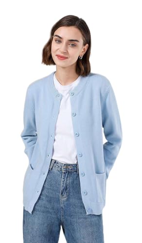 SMILING PINKER Veste en tricot femme à manches longues Cardigan Chaud Col rond Gilet en tricot Veste avec boutons et poches, bleu clair, XL
