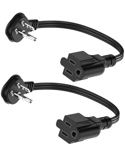 Flat Plug 1Ft Short Extension Cord 90-Degree Plug Low Profile Power Adapter 3-Prong Indoor Grounded Small Extension Cord Black 16AWG 13A 1625W 2 Pack