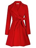 Kate Kasin Women Midi Faux Wool Coat Dress Aline Notch Lapel Trench Coats With Belt Red M