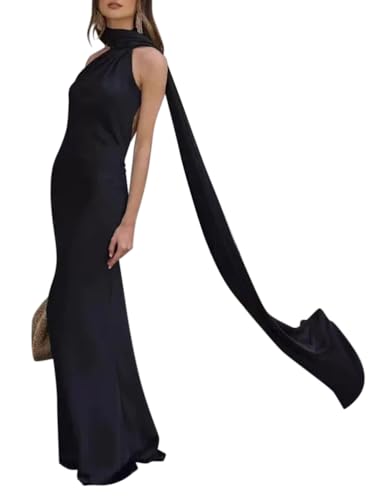 Minetom Cocktailkleid Damen Elegant Neckholder Satin Abendkleid Partykleid Maxikleid Rückenfrei Hochzeit Festlich Langes Kleid A Schwarz S