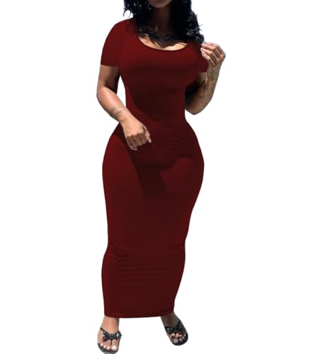 PINSV Women's Casual Bodycon Maxi Dress Summer Scoop Neck Short Sleeve Long Fitted Dresses Club Party XXL Wine Red