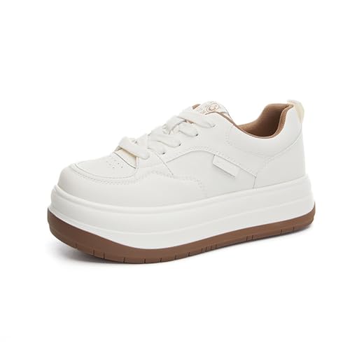 White Platform Chunky Wide Toe Sneakers for Women Leather Lightweight Lace Up Soft Sole Stylish Tennis Casual Walking Shoes