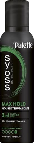 Syoss Palette Max Hold Mousse Tenuta Forte 250ml, Schiuma capelli ricci 3-in-1 che acconcia, protegge e ripara, Spuma capelli ricci con complesso vitaminico adatta per il Curly Hair Method*