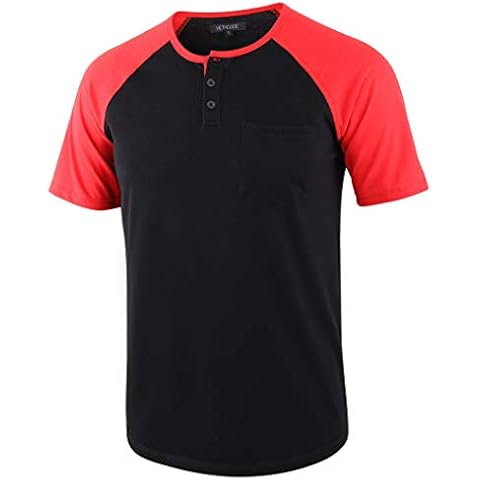 HETHCODE Mens Lightweight Short Sleeve Pocket Baseball Jerseys Active Running Hiking Henley T Shirts Black/Flame Red M Cover