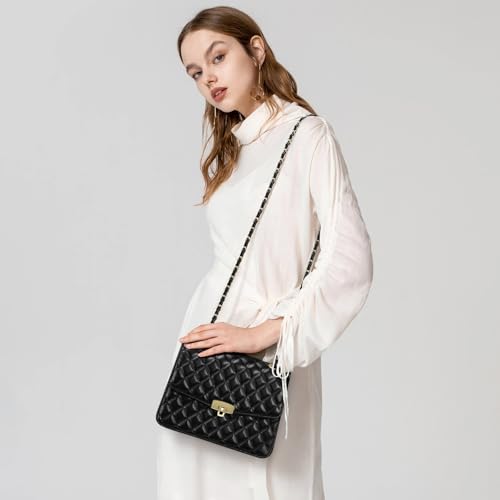 Image of Quilted Leather Crossbody Bags for Women Trendy Ladies Shoulder Purse Satchel HandBag with Chain Strap