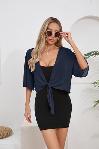 Image of TASAMO Women's 2026 Summer Lightweight Short Bolero Cardigan Shrug Sheer Tie Front Top 3 /4 Sleeve Jacket for Dress