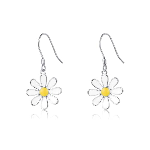 SLUYNZ 925 Sterling Silver White Flower Dangle Earrings for Women Teen Girls Daisy Flower Drop Earrings Summer Spring