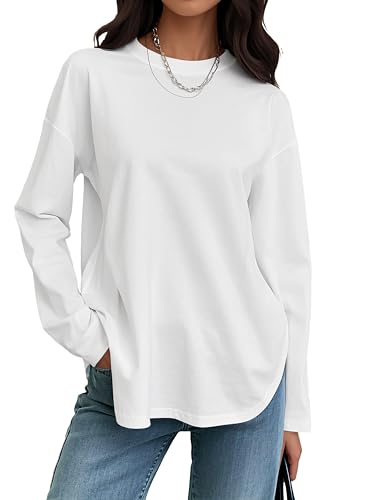 Womens Long Sleeve Stretchy Cotton Blend T-Shirts Tee Crew Neck Oversized Tunic Tops 2025 Trendy Casual