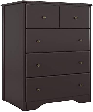 HOUSUIT Dresser with 5 Drawers, Retro Dressers for Bedroom, Wide Chest of Drawers Clothes Organizer, Wooden Nightstand for Living Room, Closet, Hallway, Dark Brown