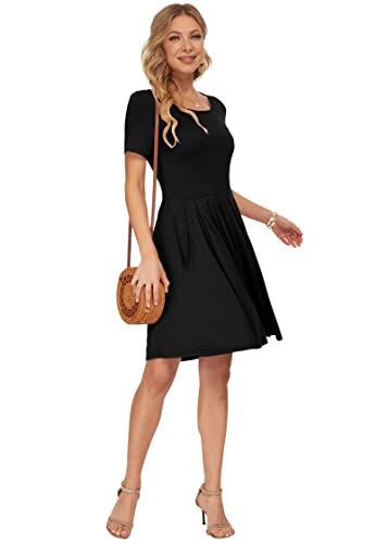 Auselily Women's Summer Solid Plain Short Sleeve Pleated Loose Swing Casual Dress Pockets Black Xl #TOP1
