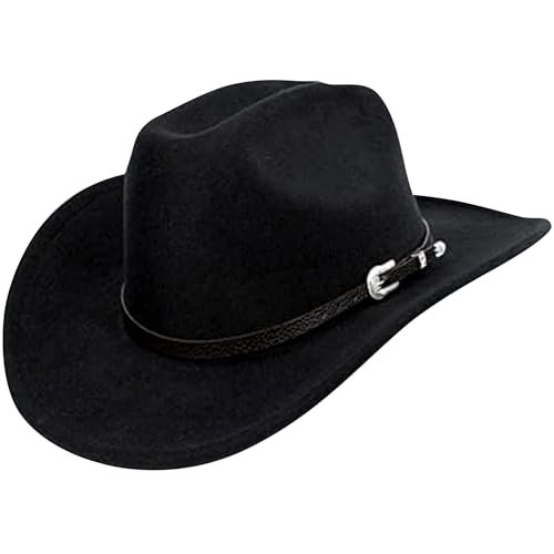QFE Western Cowboy Hat for Men and Women Classic Cowgirl Cowboys with Buckle Belt Felt Sombrero Vaquero para Hombre Accessories Country Concert Outfits Wide Brim, Black-Western Buckle Belt