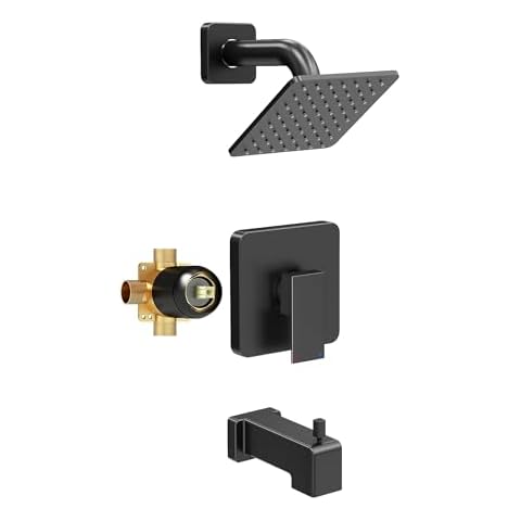 Esnbia Shower Faucet Set, Shower Head and Handle Set with 6-Inch Rain Shower Head and Tub Spout, All Metal Single-Handle Bathtub Shower Faucet Trim Kit (Shower Valve Include), Matte Black Cover