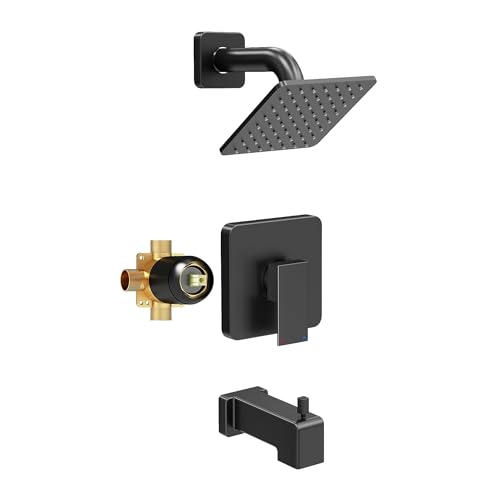 Set de grifería para ducha Esnbia, con cabezal de lluvia de 6 pulgadas, manija simple y conjunto para bañera en acabado negro mate