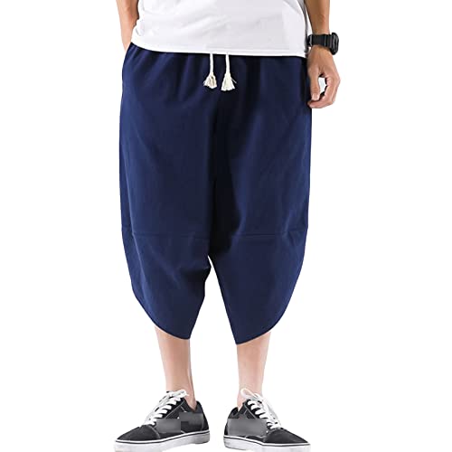 JEKE-DG Men's Baggy Shorts Summer Linen Capri Short Pants Causal Outdoor Short Pants (Dark Blue,3X-Large)