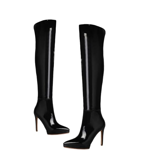 Botas Altas hasta la Rodilla con tacón de Aguja para Mujer, de Piel sintética con Punta Puntiaguda y Cremallera, Zapatos de Fiesta, Pasarela, 11 cm,Negro,39 EU