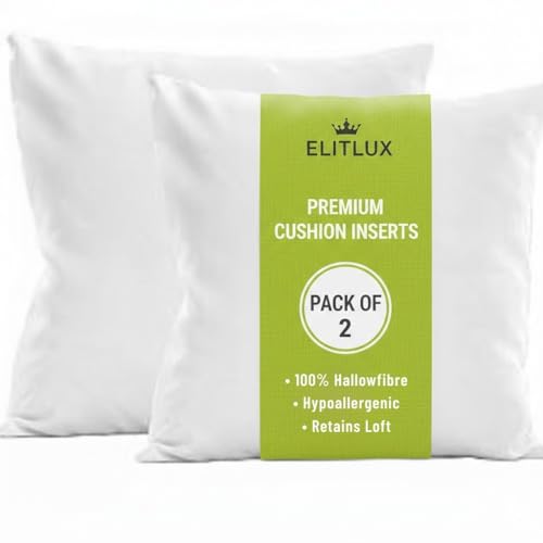 Image of ELITLUX Pack of 2 Cushion Inserts 45cm x 45cm (18" x 18") – Plain Pillow Insert with 100% Hollowfibre Filling – Fluffy Decorative Pillows for Sofa, Bed and Couch - Machine Washable (White)