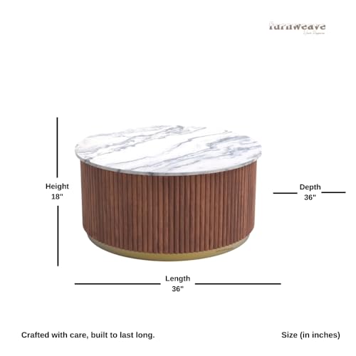 Image of Wooden Coffee Table for Living Room | Modern Round Center Table with Marble Top Fluted Wooden Base and Metal Accent Ring | Premium Marble Top Coffee Table for Home Decor (Teak)