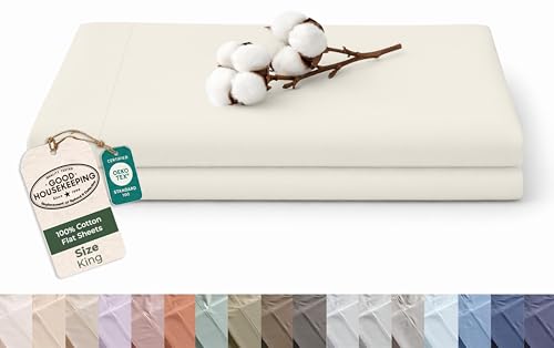 Image of Royale Linens 100% Organic Cotton King Size Flat Sheet Only - Percale Top Sheets - King Flat Sheet Sold Separately - Lightweight & Super Soft 100% Cotton Ivory Bed Sheets Only (105 inch x 102 inch, Ivory)