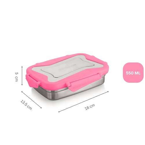 Image of STEELLOCK Smart Stainless Steel Tiffin Lunch Box for Kids and Adults | Airtight & Leakproof | Rectangle Tiffin Box for School & Office with Steel Lid | Pink 550ml - 2pc