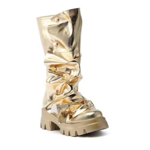 DETOGNI Womens Metallic Mid Calf Pull-On Fit Flat Boots Scrunched Detachable Overlay Snap Buttons Chunky Platform Rounded Toe Booties2