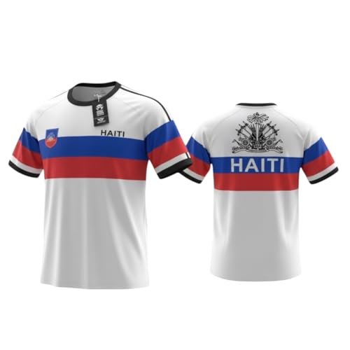 One Flag Nation Haitian White Jersey for Men Haitian Soccer Team Jersey with Haiti Coat of Arms Blue & Red Stripes Flag Day XXXL Shirt