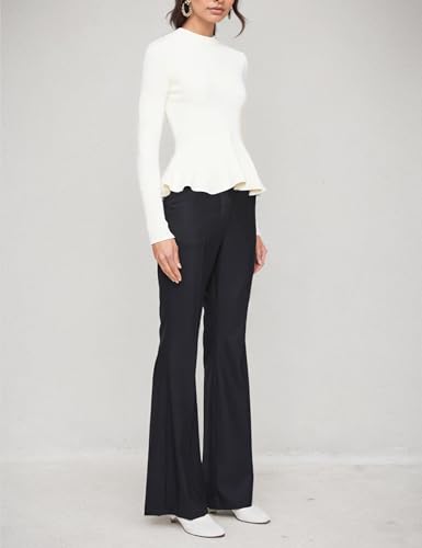 Image of Womens Peplum Hem Crew Neck Sweater Basic Slim Fit Long Sleeve Ribbed Tunic Tops