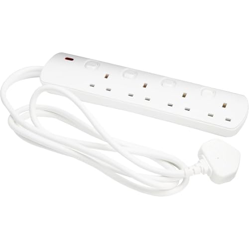 Mercury Extension Lead with Switches 2 Metre 4 Gang Extension Lead with Individual Switches UK Switched Extension Cable Wall Mountable Power Strip with Fused Plug White