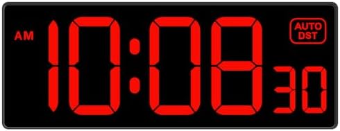 Soobest LEDデジタル壁掛け時計、大きなデジタル時計 太字の数字と秒 視覚障害者、プラグ電気時計 調光機能付き 自動DST大型ディスプレイ 10インチ(レッド)