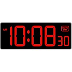 Soobest LED Digital Wall Clock, Large Digital Clock Bold Numbers with Seconds for Seniors Visually Impaired，Plug Electric Clock Dimmable Auto DST Large Display 10 Inches (Red)