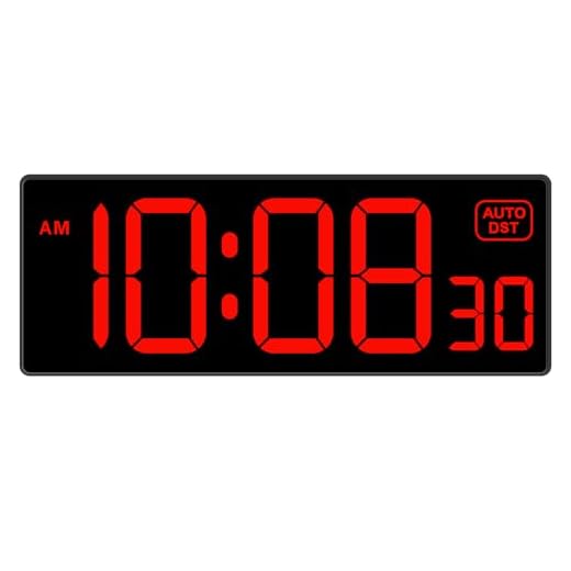 Soobest LED Digital Wall Clock with Seconds, Electric Clock Plug Auto DST Dimmer Large Display 10 Inches (Red)