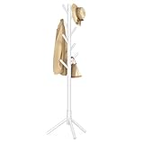 VASAGLE Attaccapanni, Appendiabiti da Terra in Legno, 8 Ganci, per Cappotti Cappelli Borse, per Ingresso, Ganci e Palo in Legno di Gomma, Bianco RCR04WT