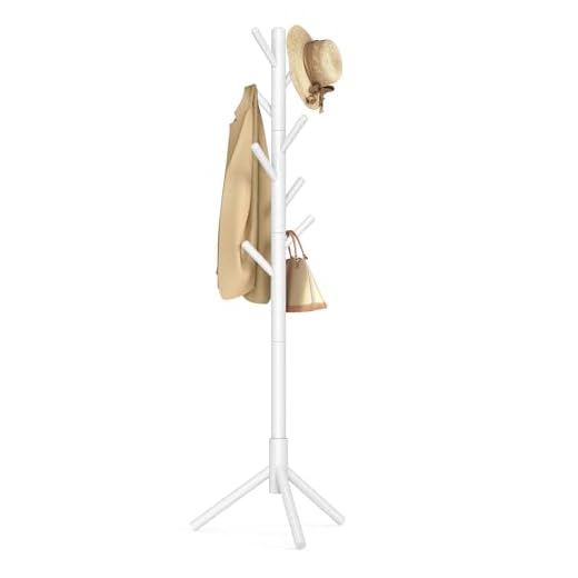 VASAGLE Perchero, Madera Maciza, en Forma de Árbol, 8 Ganchos para Chaquetas, Sombreros, para Pasillo, Ganchos y Barra de Soporte de Madera de Caucho, Blanco RCR04WT