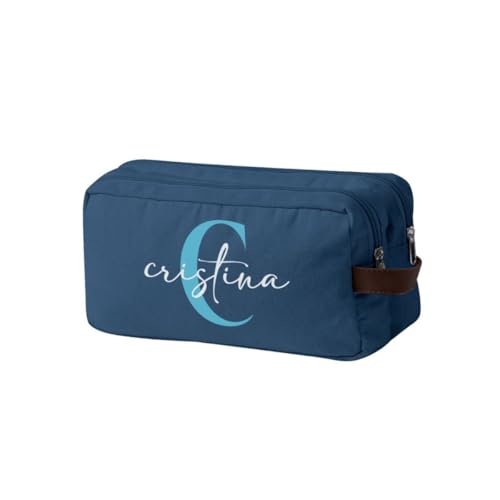 DEREGALOOS Neceser Personalizado con Nombre o Frase. Canvas Resistente Azul o Beige con Doble Compartimento y Asa en Polipiel. Regalo Original (Azul - Inicial y Nombre)